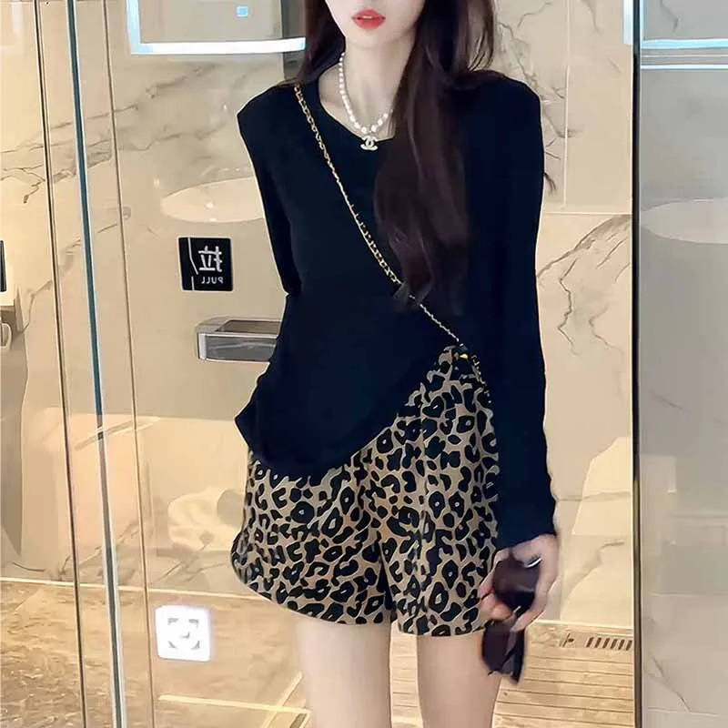Ice Silk Asymmetrical Long Sleeve Women's T-Shirt Summer New Style Elegant Slit Semi-Transparent Top Shorts Two-Piece Set