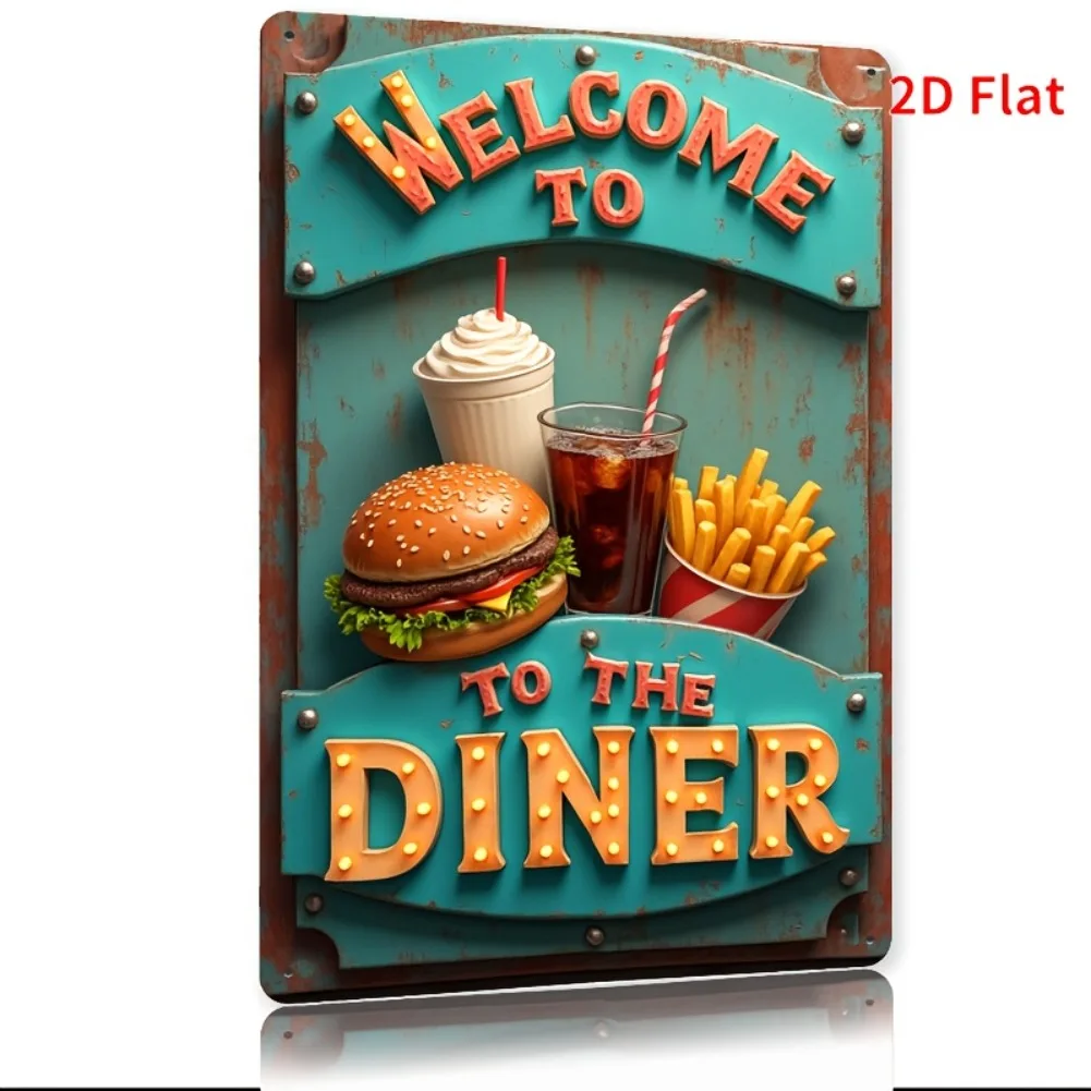 Letrero de Metal Vintage American Diner, arte de pared de hierro Retro con diseño de hamburguesa, patatas fritas y bebidas, decoración rústica de 30x20 pulgadas, 1 ud.