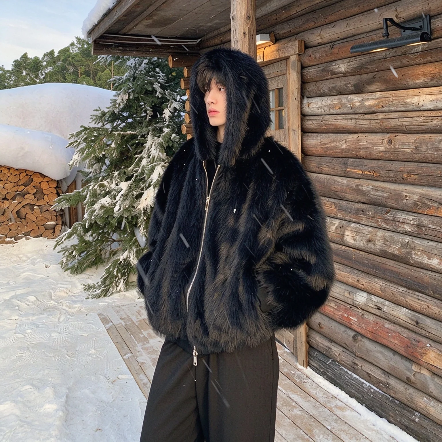 Hooded Faux Fur Coat for Men Plush Fox Fur Look Winter Jacket Thick Fluffy Short Loose Fit Zip Front Casual Warm Faux Fur Coat