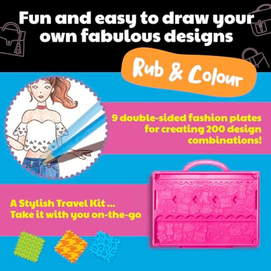 KidzMaker: My Design Portfolio Fashion Studio - Creative Outfit Design Drawing Kit with Mix Max Pattern Rubbing Plates Portable
