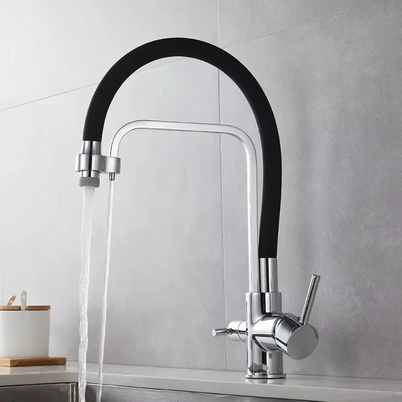 Modern Dual Handle 4-Way Hot/Cold Water Mixer Kitchen Faucet Brass Construction Ceramic Cartridge Wall-Mounted Chrome Finish