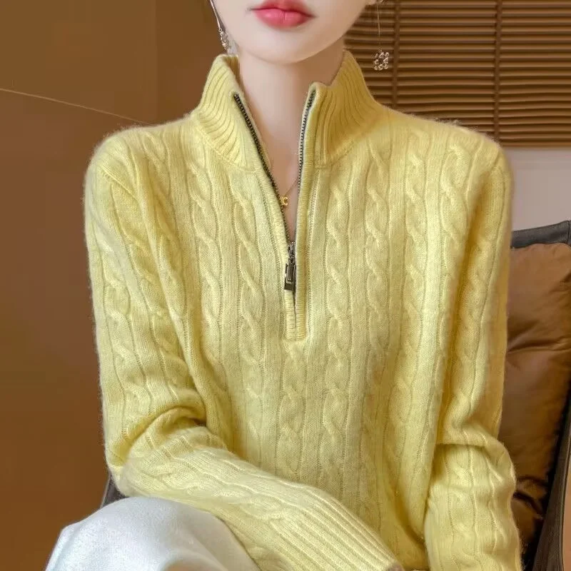 Solid Color Zipper Jacket Autumn New Knitted Sweater Cardigan Women\'s Standing High Neck Loose Slimming Knitted Sweater Spring