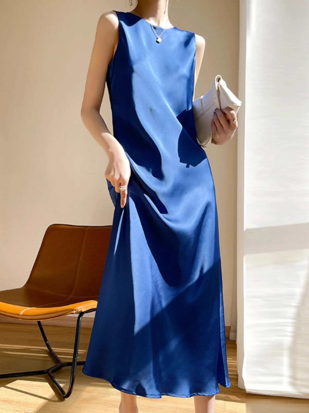 Spring Summer Suit Inner Tank Dr Women Loose Silk Satin Vest Skirt Knee High Waist Slim Long Dr Commute Simple Sle