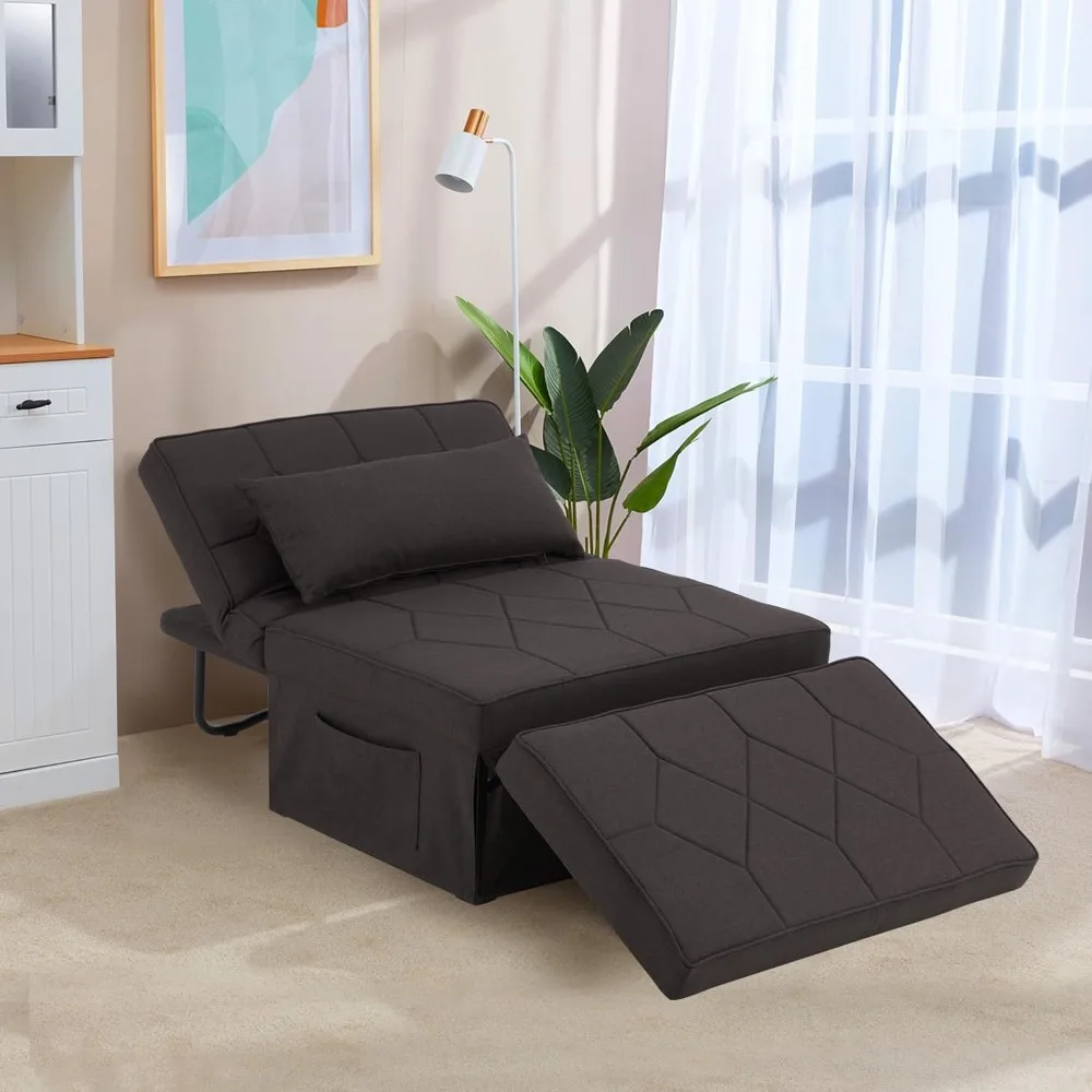 Sofa Bed, 4 in 1 Multi-Function Convertible Ottoman Sleeper Chair Bed, Breathable Linen Couch with Adjustable Backrest, Pillow