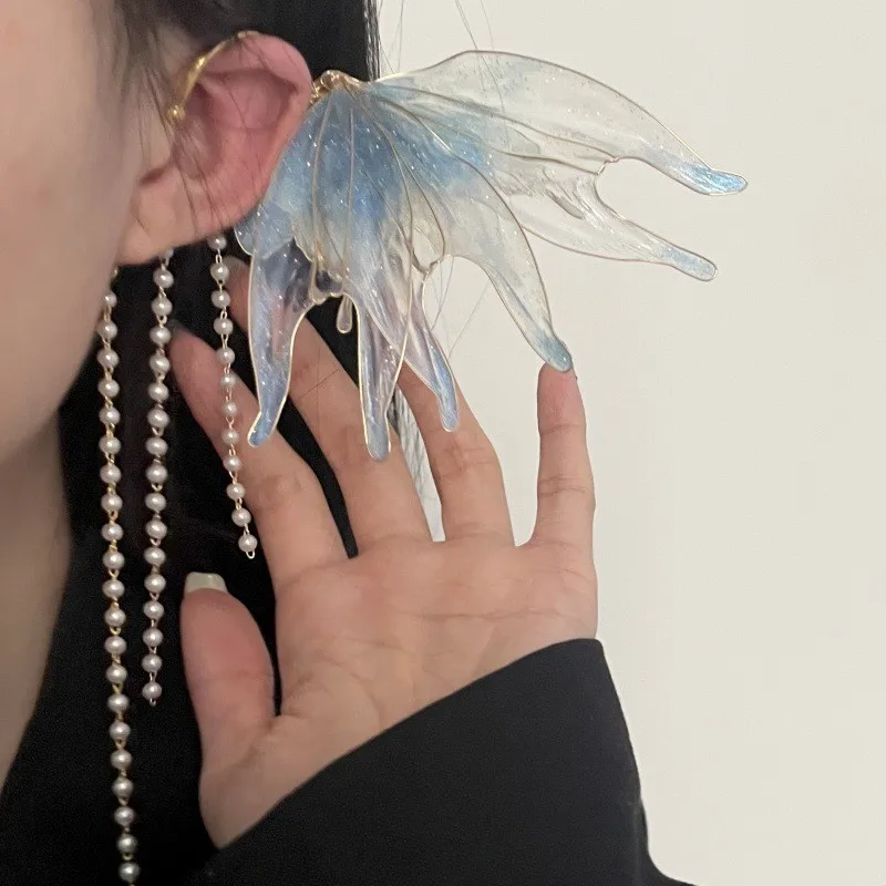 Exquisite Butterfly Elf Fairy Earrings Mermaid Pearl Long Tassels Ear Clips Fashion Elegant Non-piercing Flower/Leaf Ear Cuffs