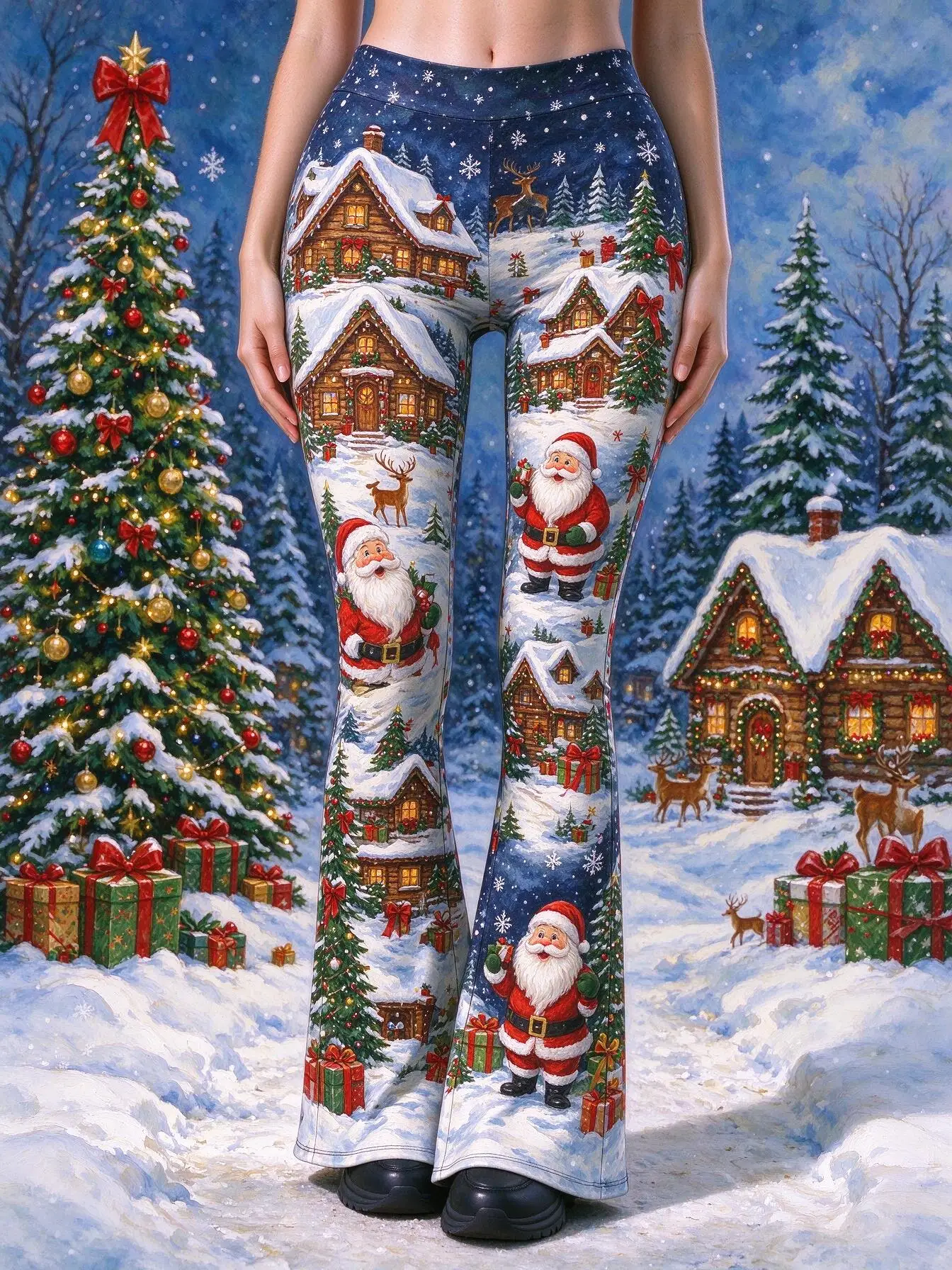 Women Mid Waist Skinny Flare Pants Christmas Santa Snow Cabin Deer Tree Gift Print Stretch Bell Bottom Trousers