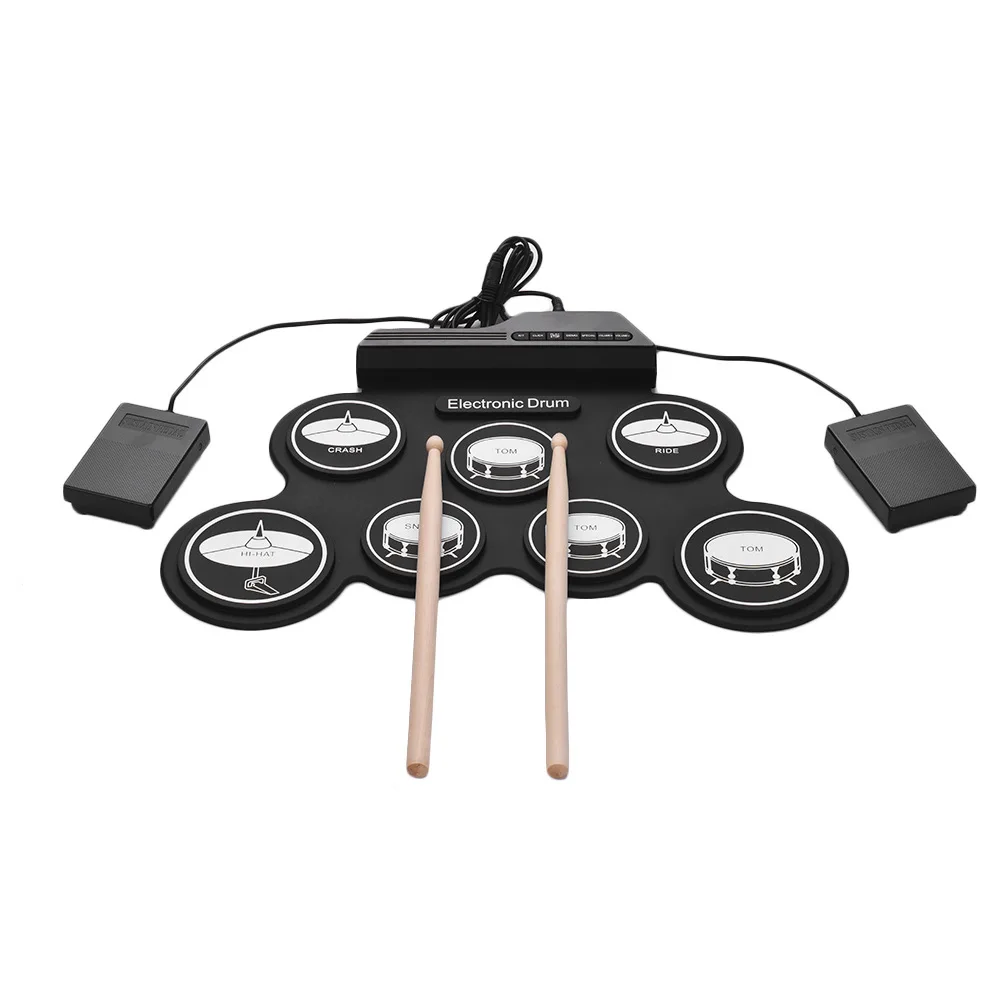 7 Pads Roll up Set Silicone Drum Portátil Eletrônico Digital USB Kit de Bateria Elétrica com Baquetas Sustain Pedal Pedal Pedais