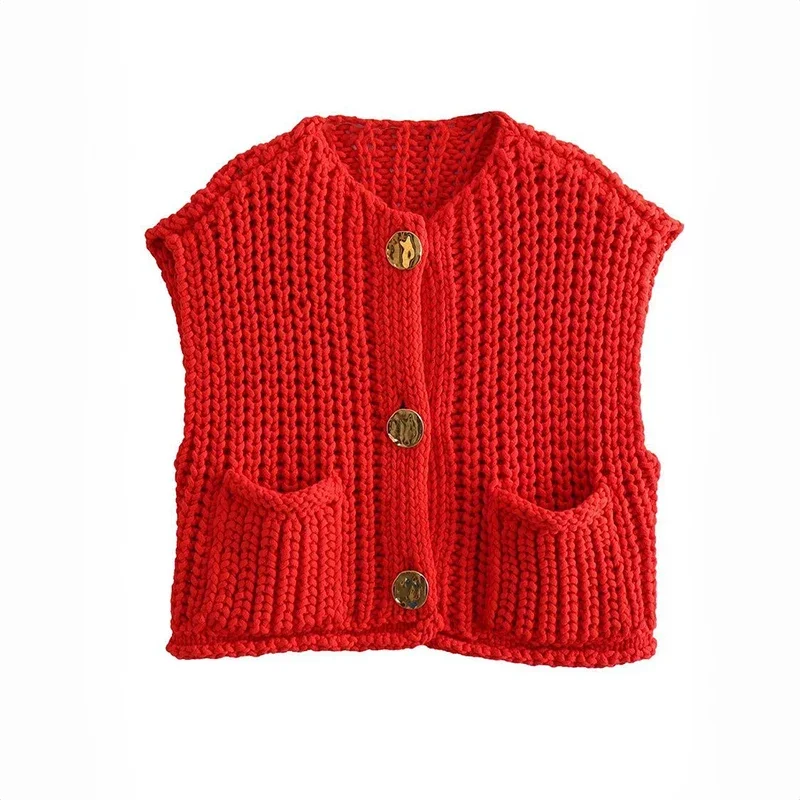 Red Chunky Sweater Vest Top with Gold Button Pocket Front Sleeveless Knitted Cardigan Sweater Women Streetwear