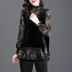 Vintage Printed Spliced Lace Beading Fake Two Pieces Blouse Women's Clothing Autumn Casual Tops Oversized Office Lady Shirt