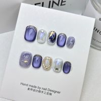 10pcs/set Handmade Dreamy Blue Press-On Nails Short Ballet Shape Gradient & Ombre Design Glossy Finish Removable False Nail Tips