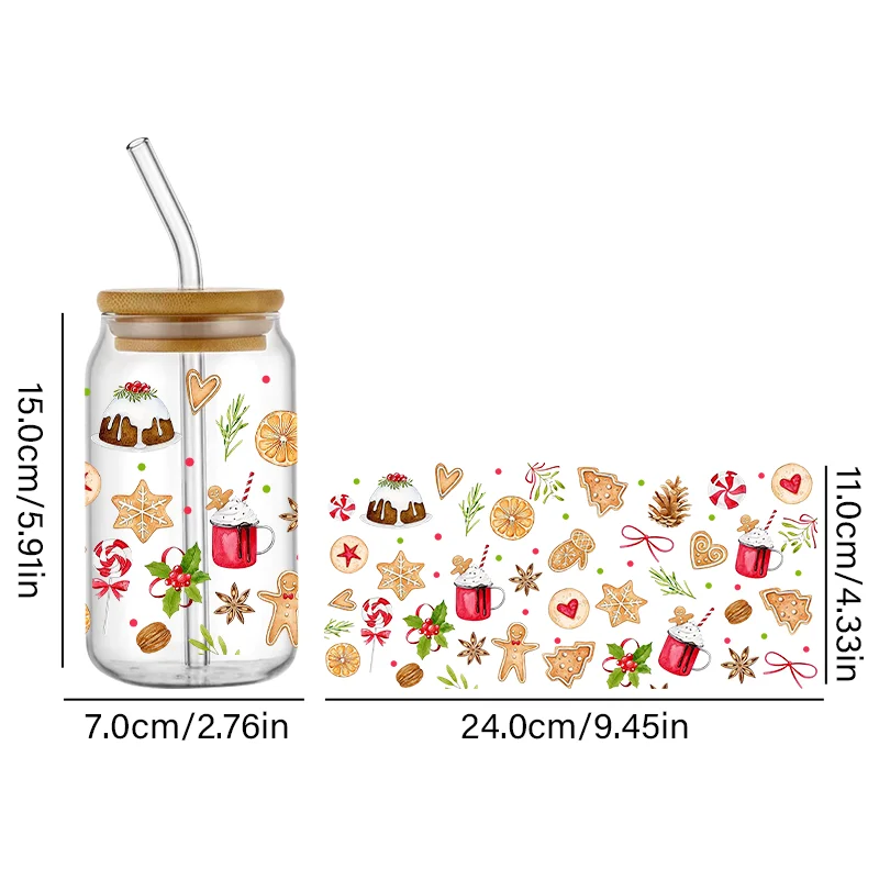 Christmas Decal UV DTF Cup Wrap 16oz For Libbey Glass Ready To Apply No Heat Needed Permanent Adhesive Waterproof