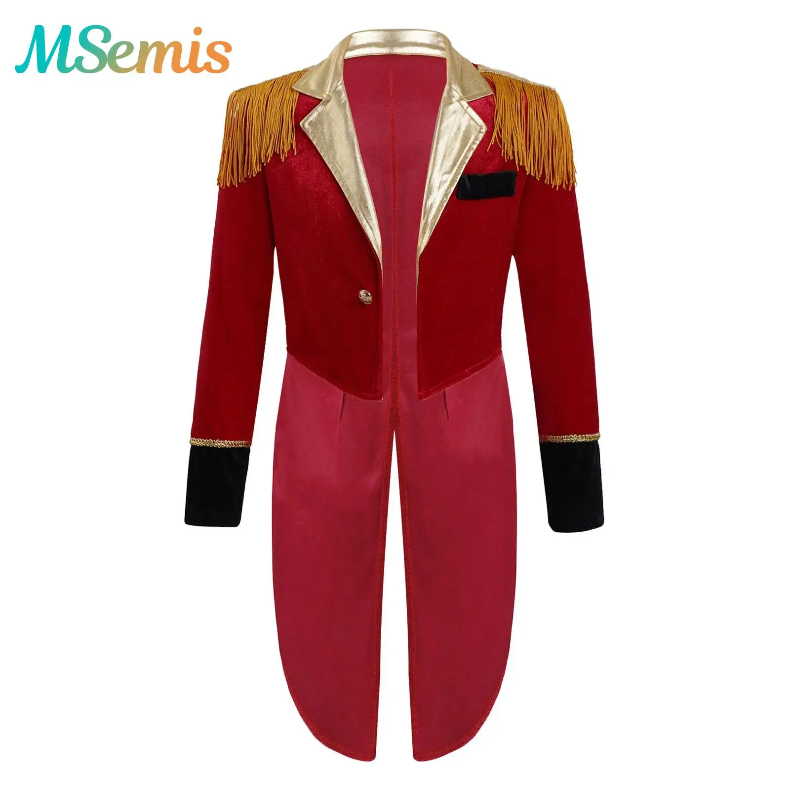 

Red Boys Circus Ringmaster Director Tuxedo Cosplay Costume Blazer Tailcoat Jacket Long Sleeves Tassels Adorned Dip Hem Coat