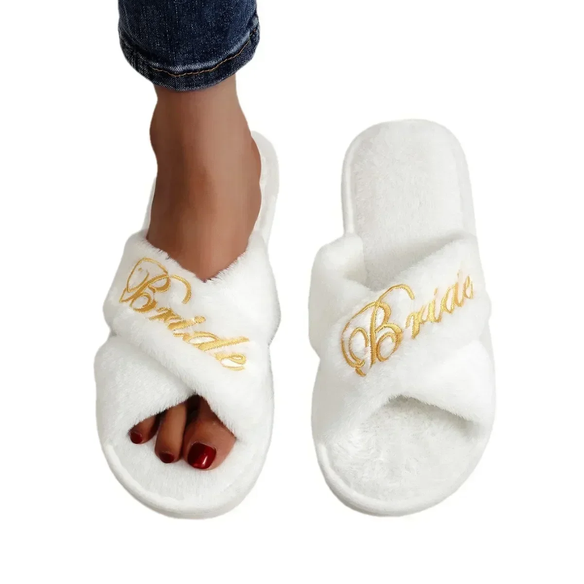 Bride Embroidered Plush Slippers Wedding Supplies Women Honeymoon Shoes Creative Bridesmaid Romantic Gifts Wedding Photo Props