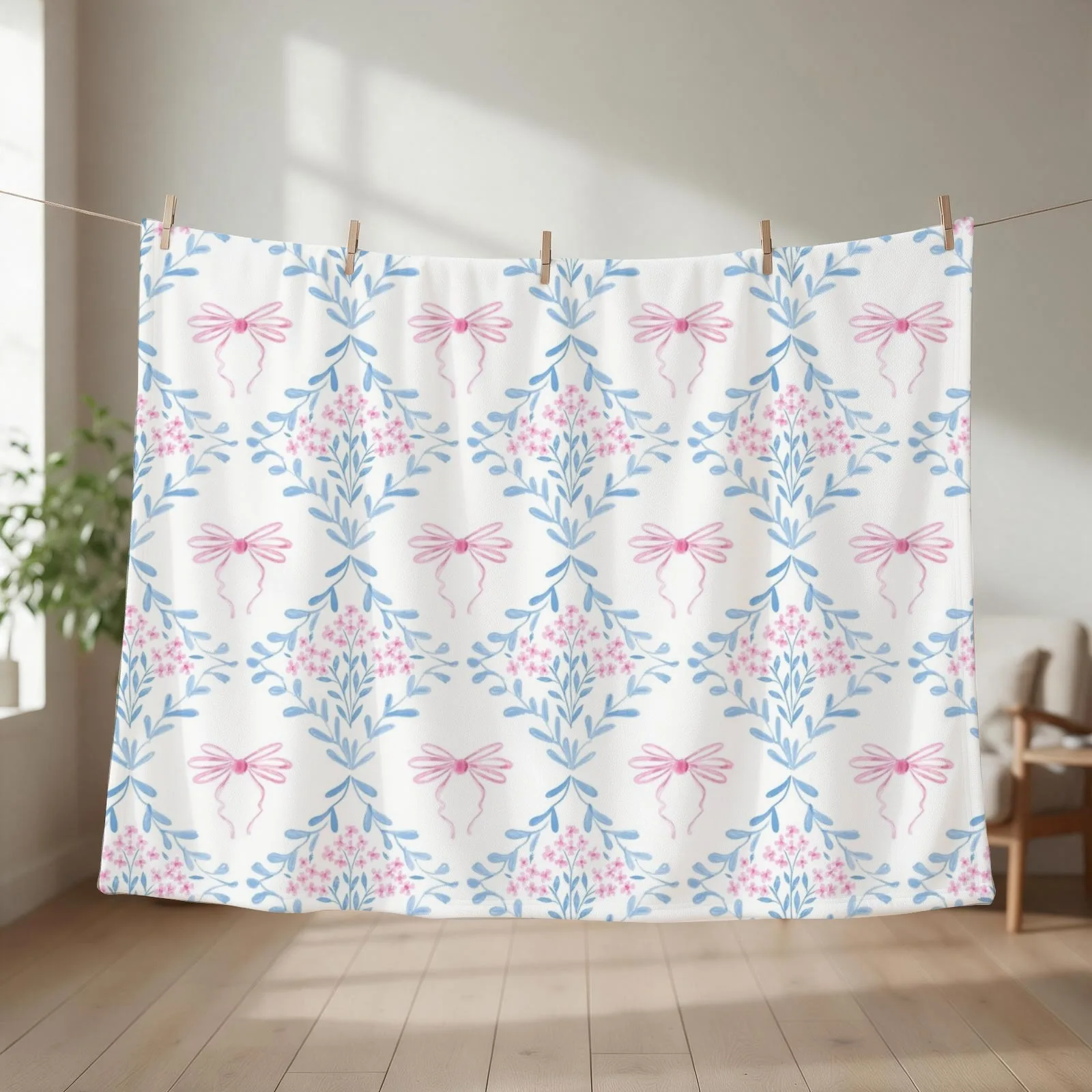 Pink and Blue Coquette Aesthetic &Cute Pretty Preppy Watercolor Pink Bows Throw Blanket