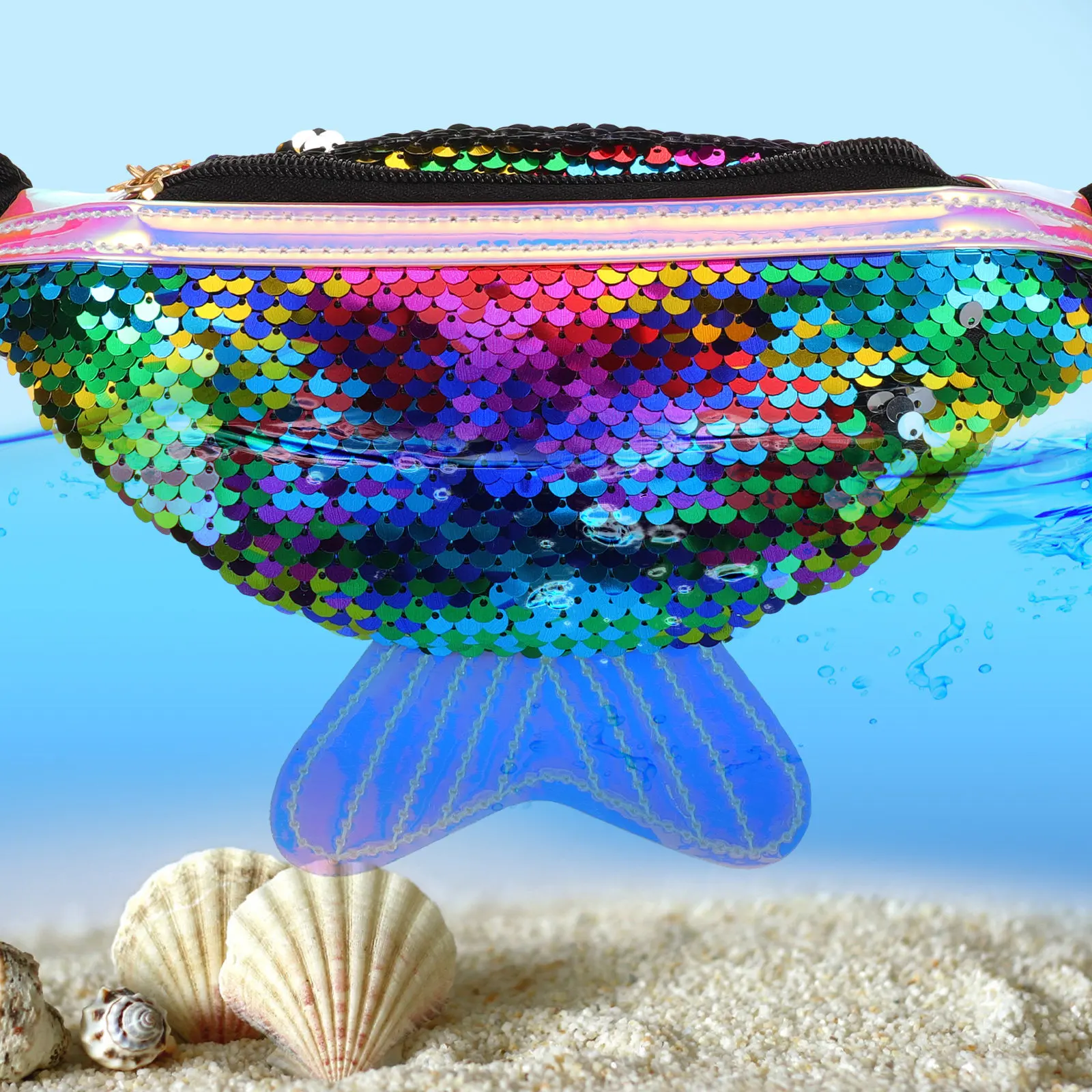 Fish Tail Shape Lightweight Outdoor Sports Waist Bag for Running Hiking Biking Dog Walking Amusement Park Use Sequin Design