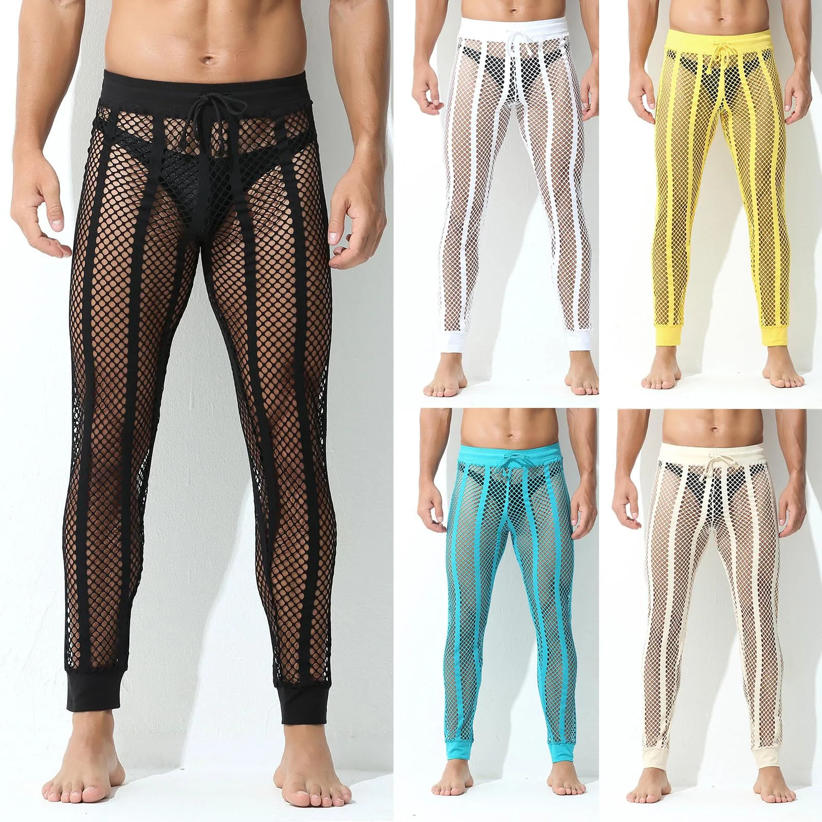 

X нижнее белье, летние повседневные мужские брюки, дышащие пижамы с широким поясом, ажурная сетка в полоску, сексуальный сетчатый укороченный топ для мужчин