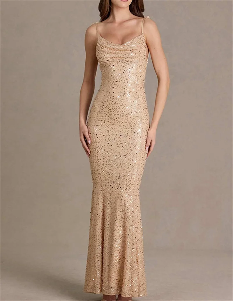 Champagne Sequins Prom Dress Sexy Stripe Sleeveless Backless Long Sheath Party Gown Flower Formal Wedding Guest Birthday Robe