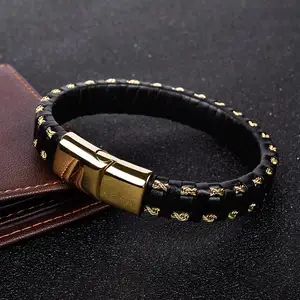 Jiayiqi Punk New Leather Bracelet Black Braid Gold Color Stainless Steel Bangles for Men Jewelry Gifts Wholesale Customize