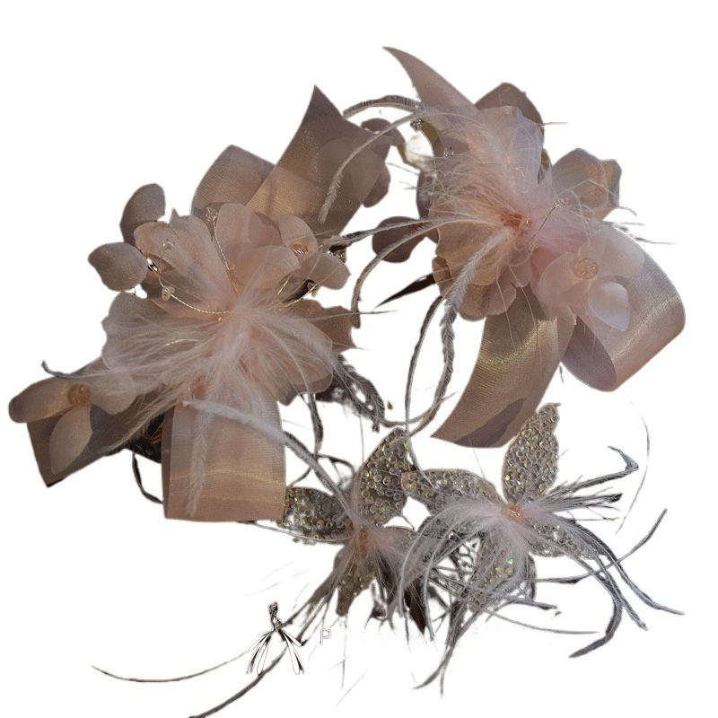 New Elegant Pink Fairy Feather Flower Pair Clip Lace Clip Knot Wedding Dress Bridal Headgear