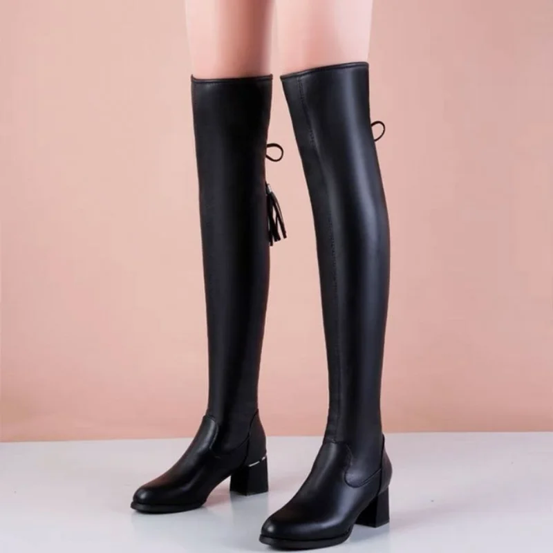 Botas elásticas de cuero suave para mujer, Botas largas cortas de felpa para otoño e invierno, Botas por encima de la rodilla con tacones gruesos, Botas de caballero sin cordones