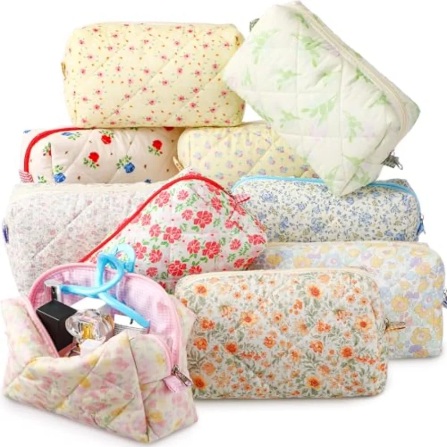 

10 Pcs Quilted Makeup Bag Bulk Cotton Cosmetic Bag Women Girls Bridesmaid Gifts Cute Makeup Pouch Coquette Aesthetic Travel Toi