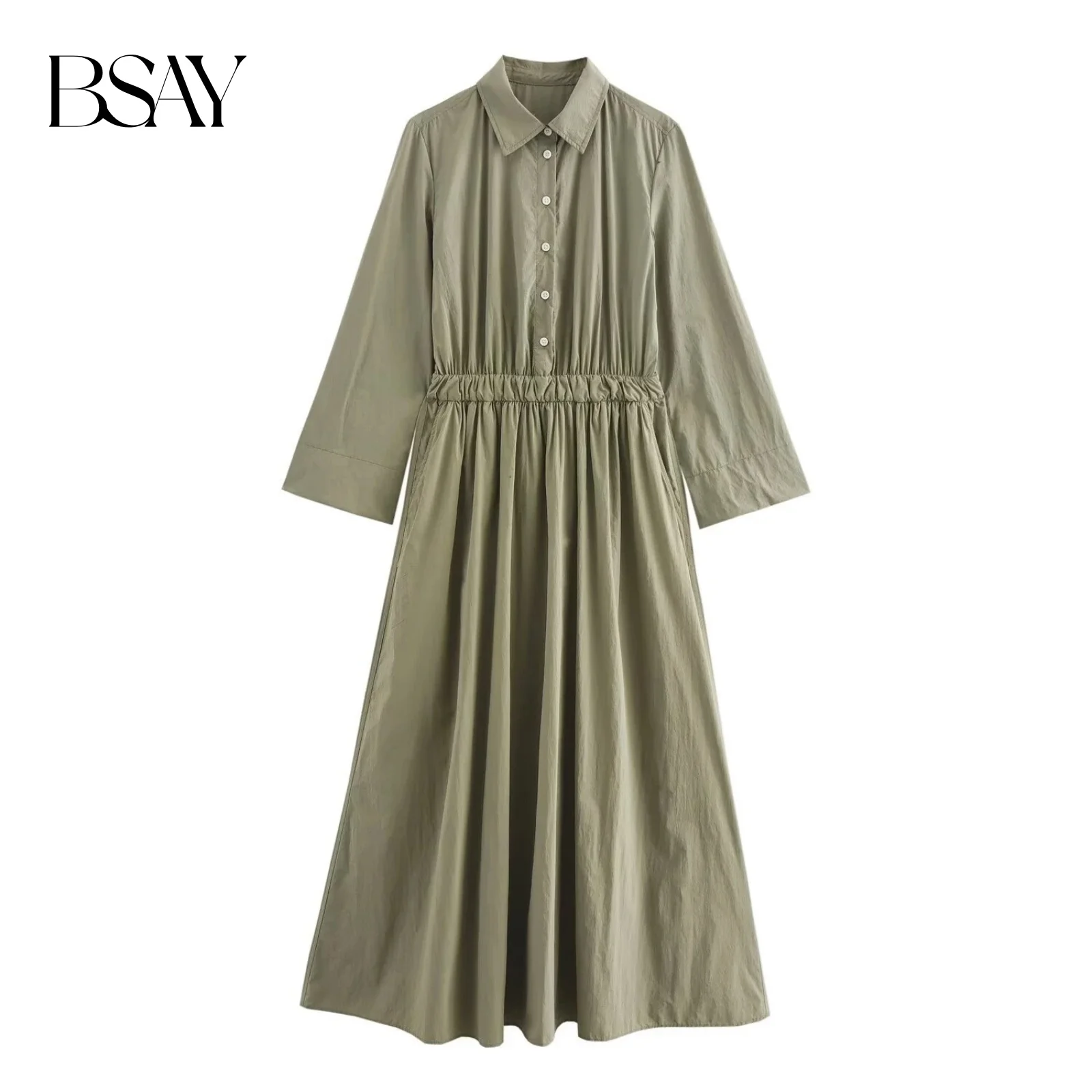 BSAY Damesmode Nieuwe Plooien Lange Mouwen Single Breasted Revers Vintage Shirt Stijl Jurk Frankrijk Chic Vrouwelijke Avond Mujer