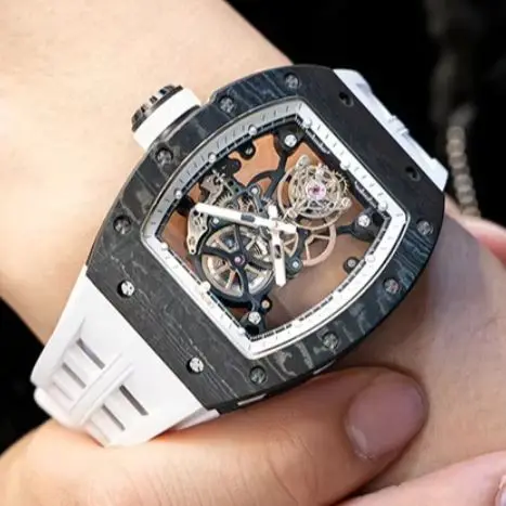 CRONUSART Men Tourbillon Watch Tonneau Mechanical Wristwatch Carbon Fiber Sapphire Mirror Luminous Skeleton Fluororubber Strap
