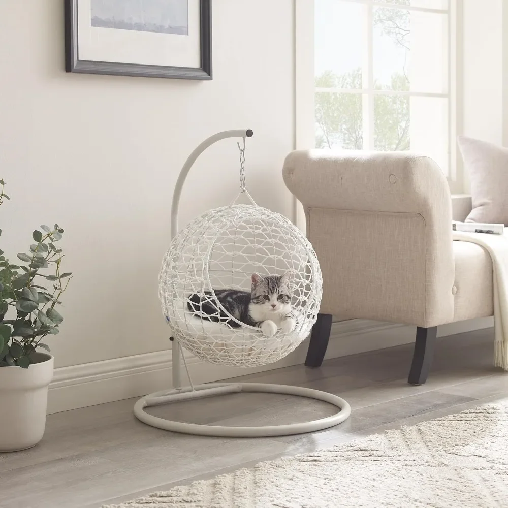

NALA 23.5" Hanging Egg Cat Condo, White – 2 Cushions, Washable & Cozy Wicker Design, Sturdy Construction