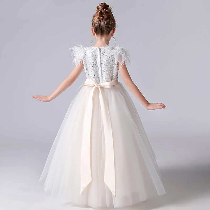 Abito da ragazza di fiori bianchi per matrimonio Tulle piuma paillettes fiocco principessa abiti da ballo prima comunione Junior abito da damigella d'onore