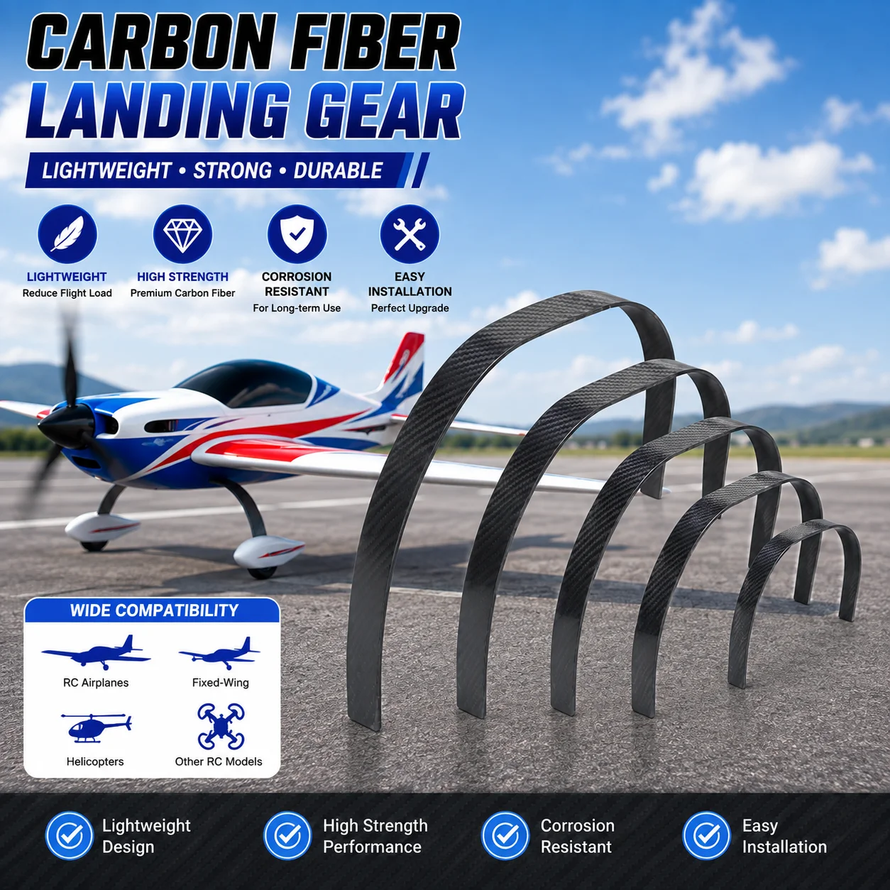 Carbon Fiber Landing Gear for Electric RC Airplane 20E-90E Fixed Wing Aircraft Lightweight High Strength Undercarriage