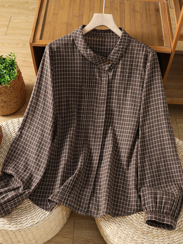Retro Plaid Long Sleeve Shirt Loose Fit Single Button Design Large Size Women's Autumn Fashionable Casual Cotton Top