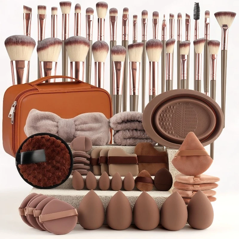 

Pack of 67 brown 30 makeup brushes puff beauty tools large combination
