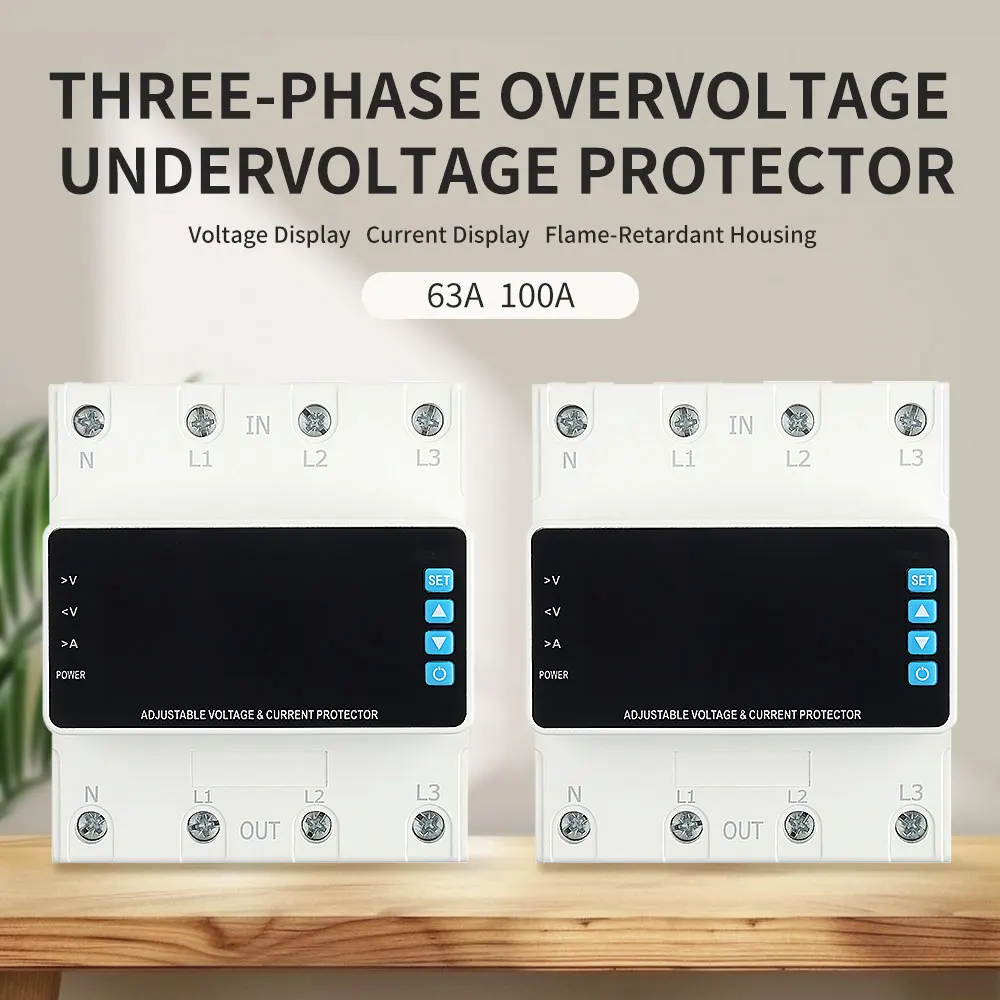 Three-Phase Over Voltage and Under Voltage Overcurrent Protector 63A 100A Din Rail Adjustable Digital Display Protection Device