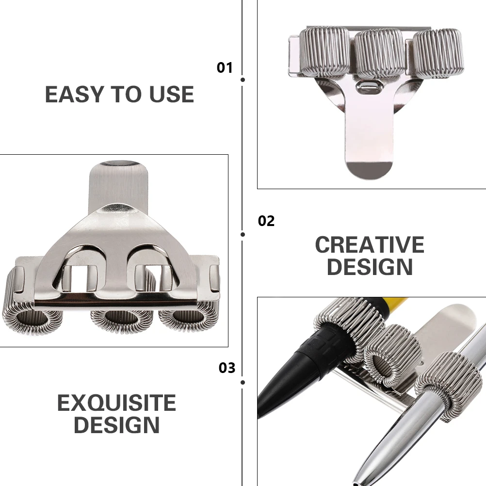 2Pcs Metal Pencil Organizer Carbon Steel Three Hole Design Spring Adjustable Pen Clip Pen Holder Clip Pencil Organizer