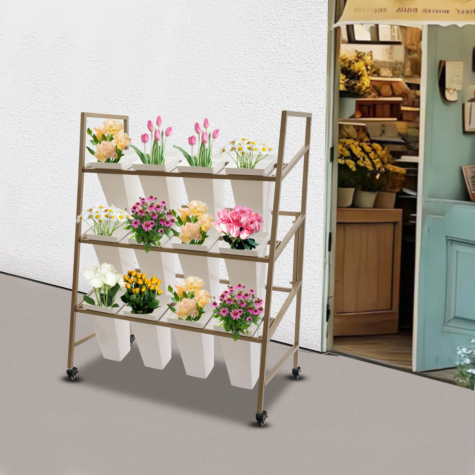 Flower Display Stand 3-Tier Flower Holder 30kg Load Capacity Flower Display Stand with 12 Pieces Buckets Easy to Move & Fix for Homes/Florists/Home Balconies/Gardens/Clubs
