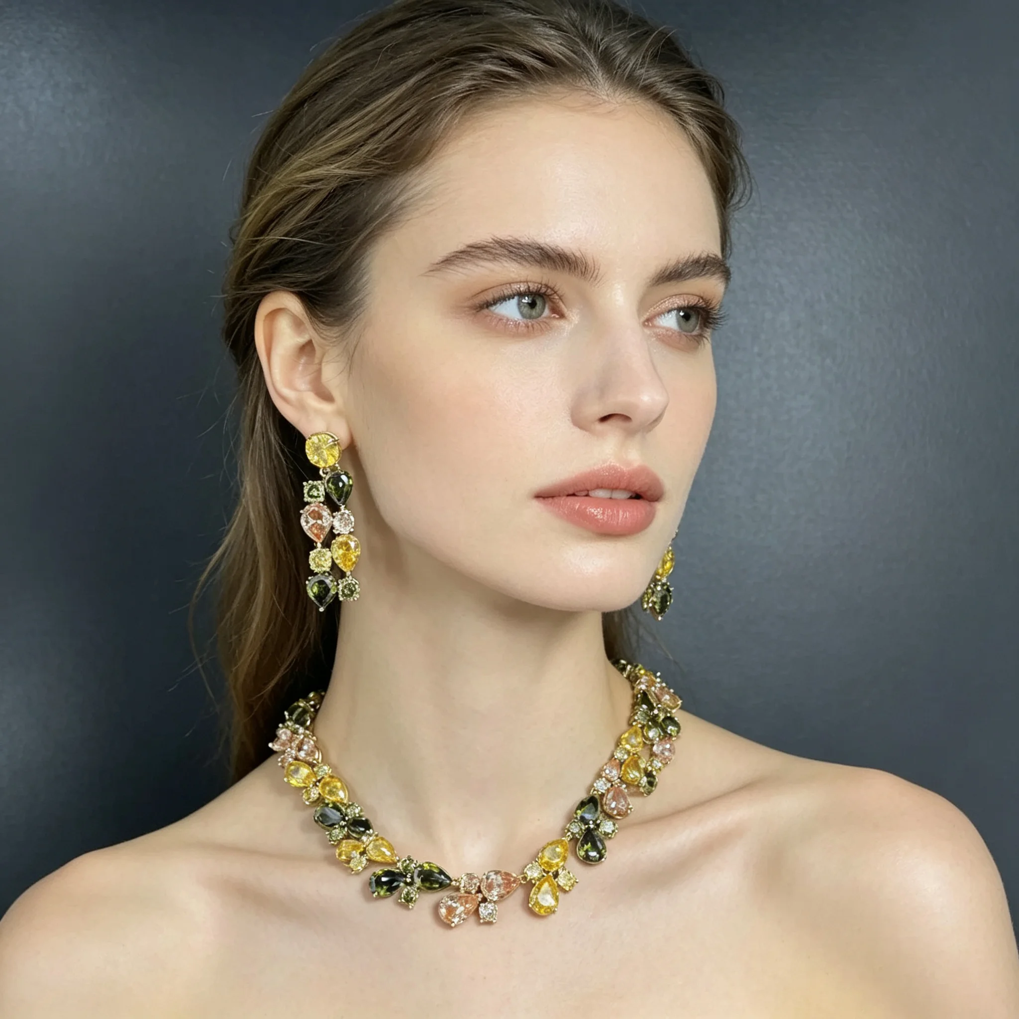 HIBRIDE Popular New Deluxe Colorful 3-Piece Necklace Earrings and Bracelet Women's Jewelry Wedding Travel Birthday Gift S-1286