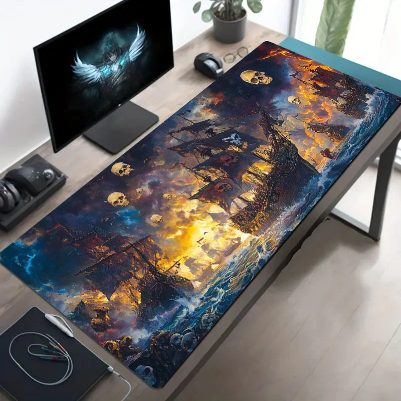 A large pirate ship-designed mouse pad with an anti-slip polyester base and a rectangular table mat with wrist support