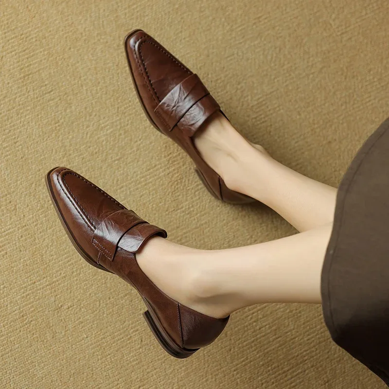 

Women's Genuine Leather Brown Square Loafers Comfortable and Elegant Designer Ladies Slip-on Woman Luxury 2026 Flat Casual Shoes