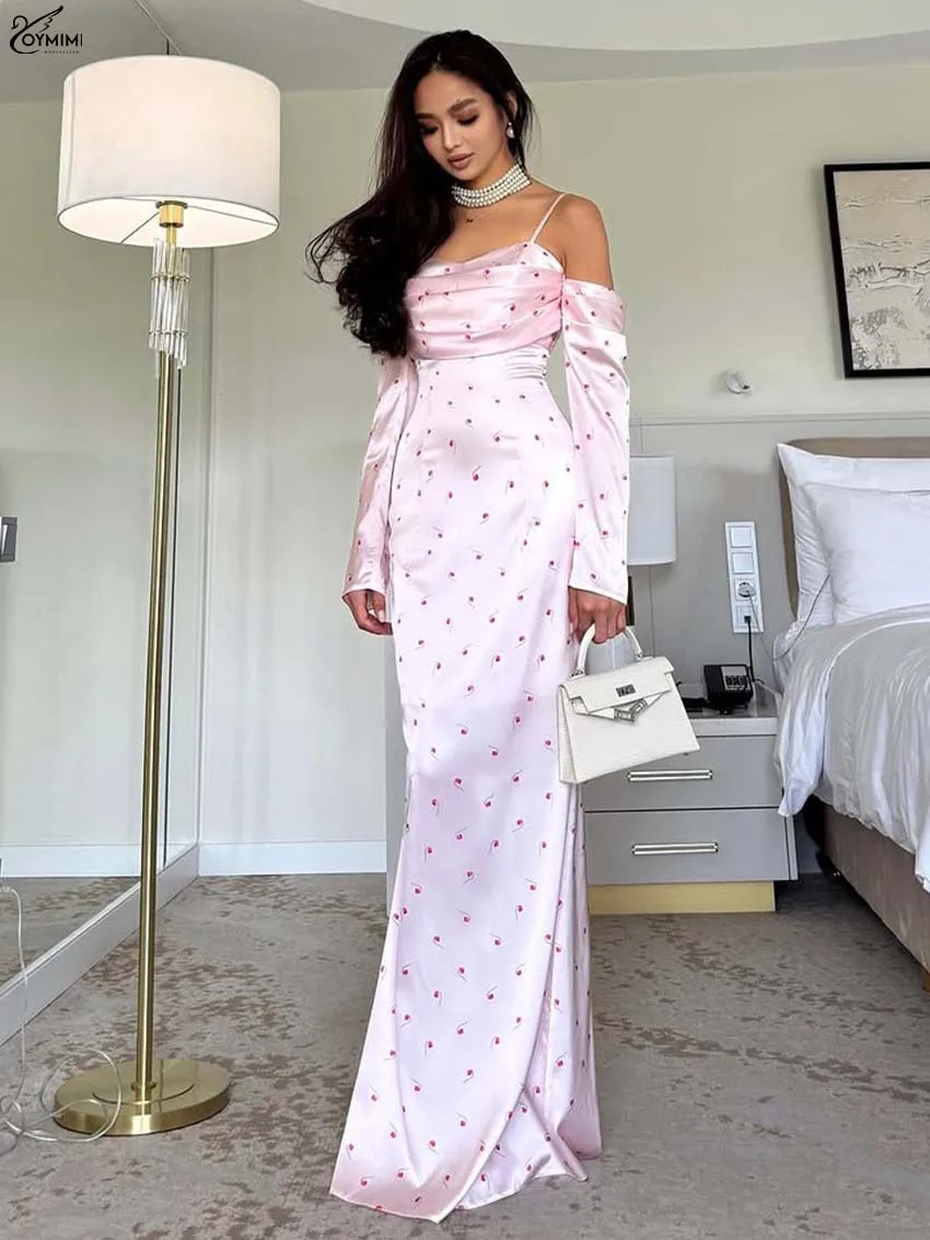 

Oymimi Casual Pink Print Womens Dresses Fashion Spaghetti Strap Long Sleeve Open Back Dress Elegant Straight Floor-Length Dress