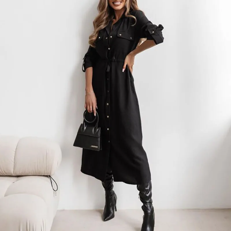 Abito lungo da donna elegante con tasca per pendolari Abito lungo con risvolto monopetto alla moda Abito autunno nuovo abito a trapezio sottile in puro colore vintage