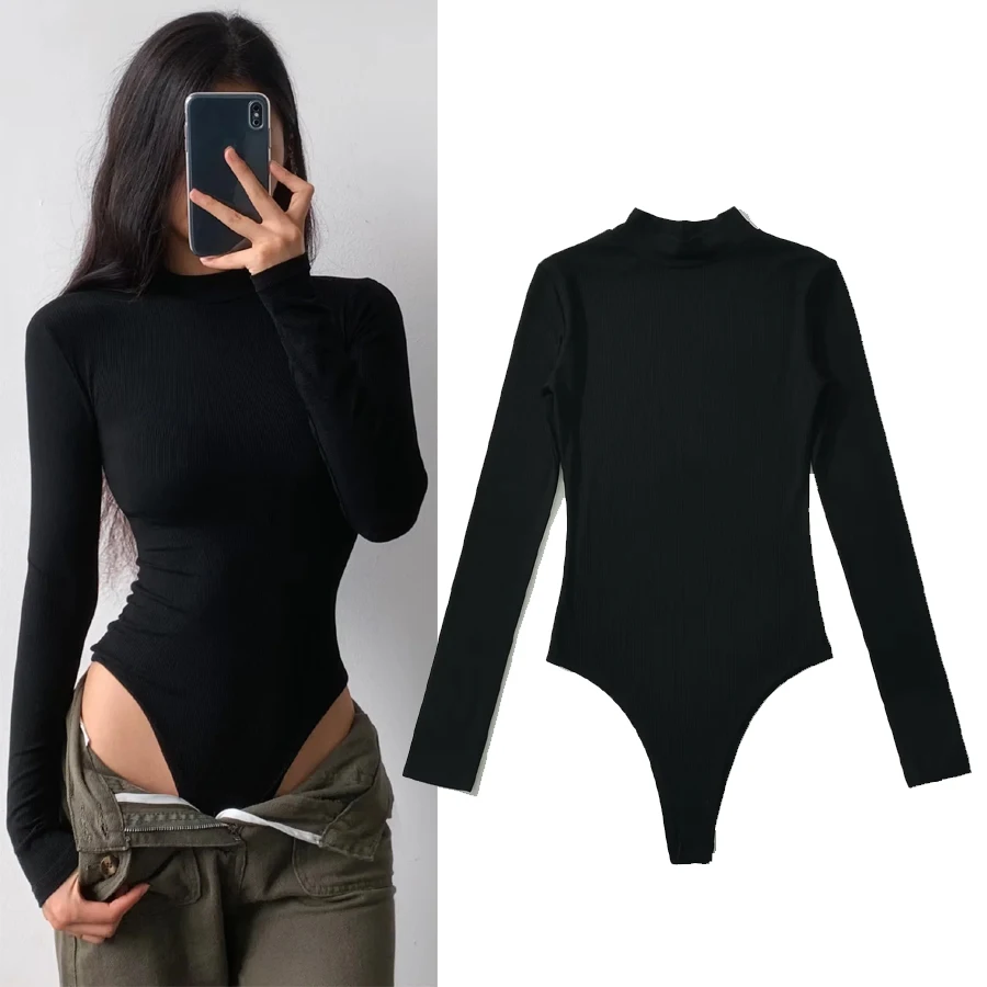 

Women's Versatile H084 Faionable Ribbed High Collar Sexy Long Sve Onesie Top Polyester Fiber mid Waist ort Pants