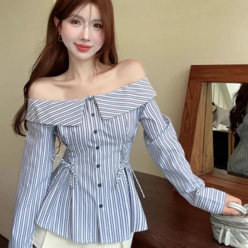 Kimotimo Y2k Shirts Women Stripe Slash Neck Bandage Waist Slim Long Sleeve Tops Korean Fashion Versatile Button Up Blouse Camisa