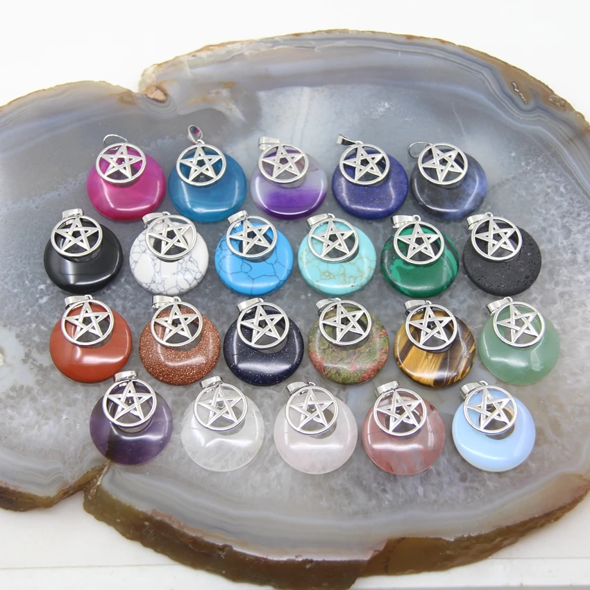 

22 Stones Choice,Natural Stones Star Shape Delicate Round Pendants,Coin Shaped Agate/Shell/Crystal/Quartz Pendant Necklace