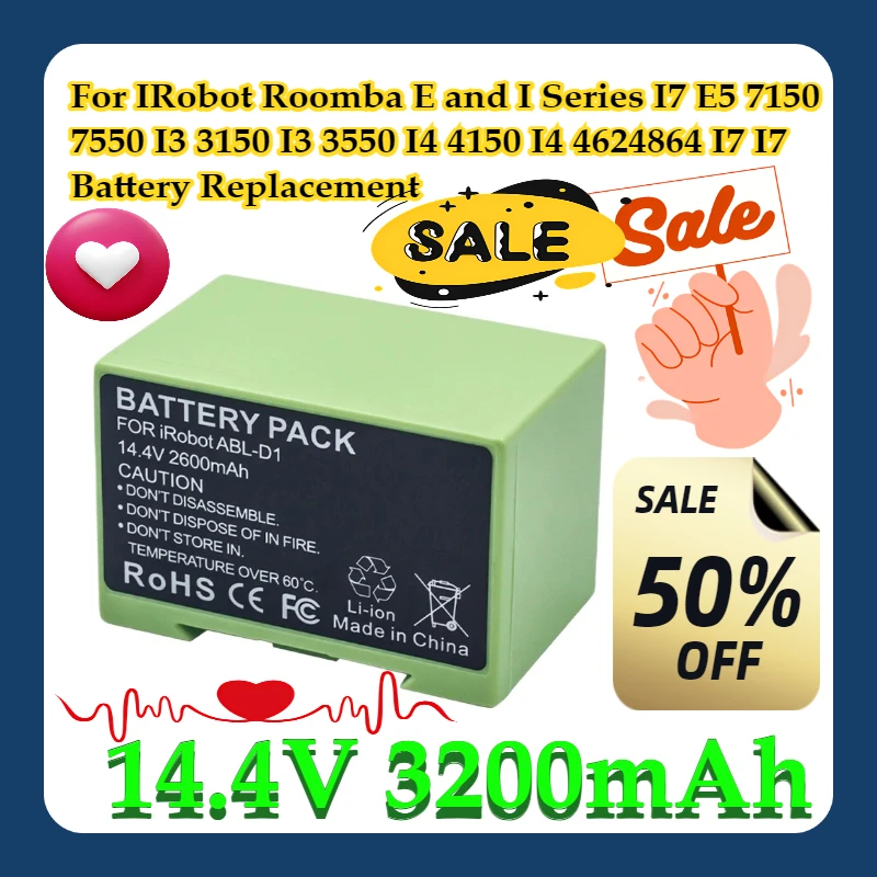 

For IRobot Roomba E and I Series I7 E5 7150 7550 I3 3150 I3 3550 I4 4150 I4 4624864 I7 14.4V 3200mAh I7 Battery Replacement