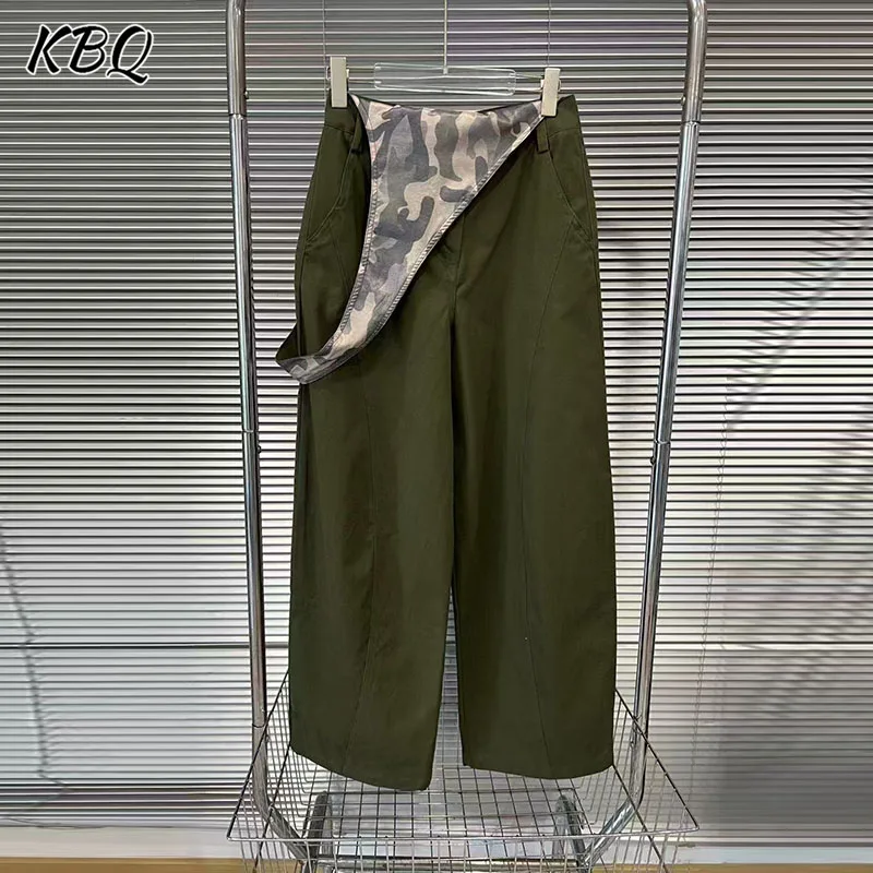 

KBQ Hit Color Loose Spliced Pockets Wide Leg Pants for Women High Wiast Camouflage Design Sense Pants Female Fashion Style New