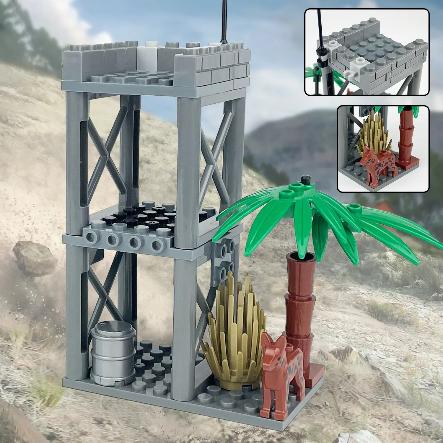 MOC Creative Military Building Scene with Sentry Post, Lookout Tower, Tree Oil Barrel, War Field Accessories and Assembly Model
