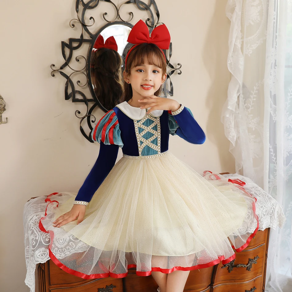 Schneewittchen-Prinzessinnenkleid für Mädchen, blaues Samt-Mieder mit beigem Tüllrock, Spitzenapplikationen für Halloween, Geburtstagsfeier, Cosplay – Detail 3
