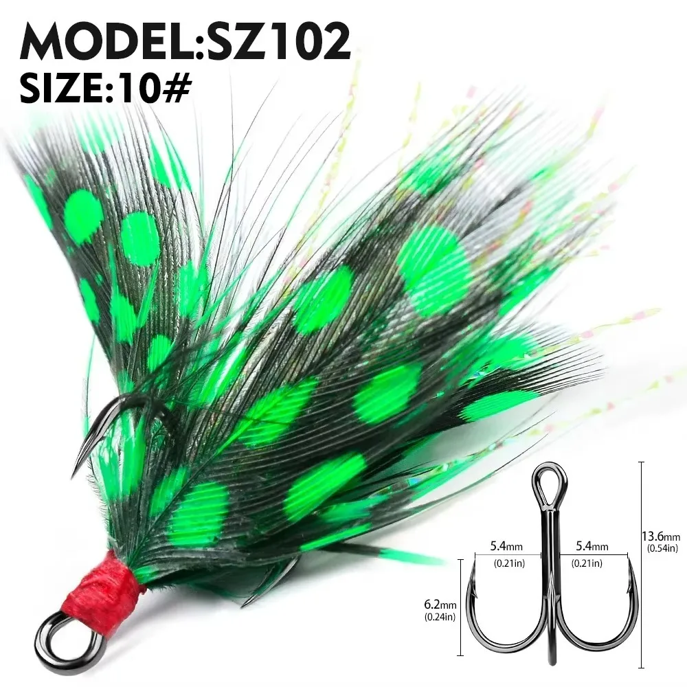 6 # -10 #   خطافات حادة ثلاثية الحجم، ميزة شائكة، تصميم قوة، خطافات صيد من الفولاذ الكربوني، زخرفة الريش، مادة فولاذية كربونية