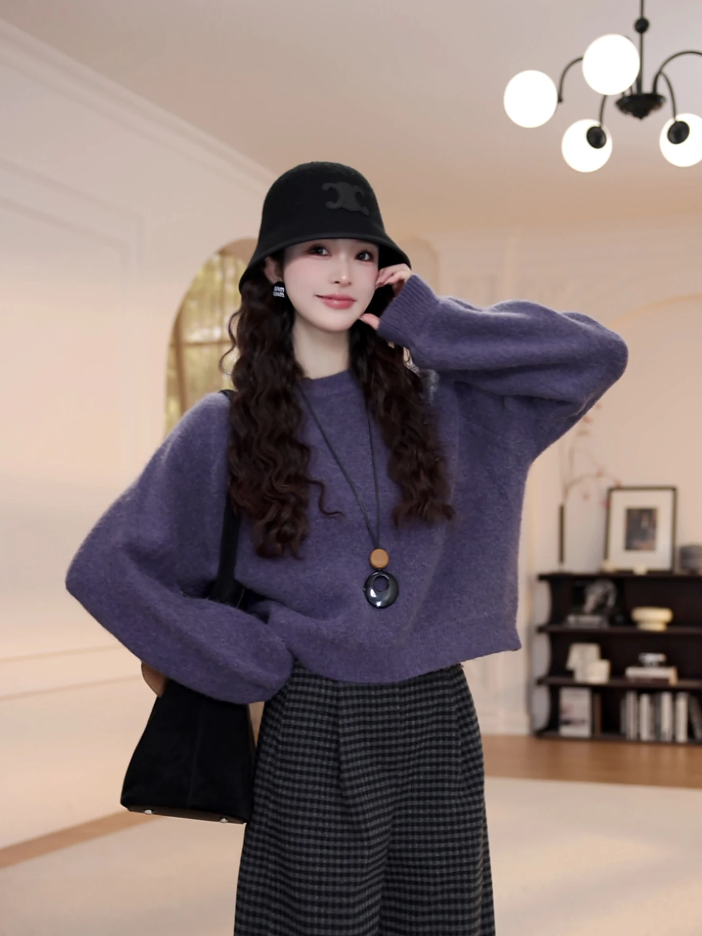 

Purple round Ne Pullover Knitwear Long Sve Women's Sle Casual Loose Fit Comfortable Cotton Wool Blend Autumn Winter Ne...