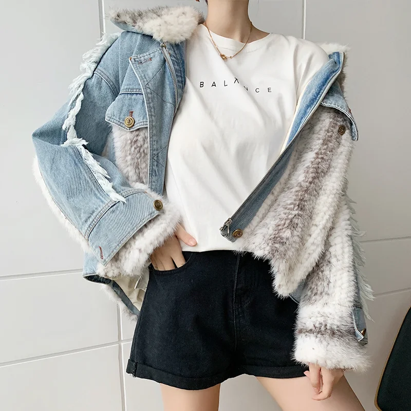 Mink Cross 2023 Fur New Woven Denim Fur Coats and Jackets Women Loose Causal Spring Autumn Fur Coats for Women Real Fur Coat